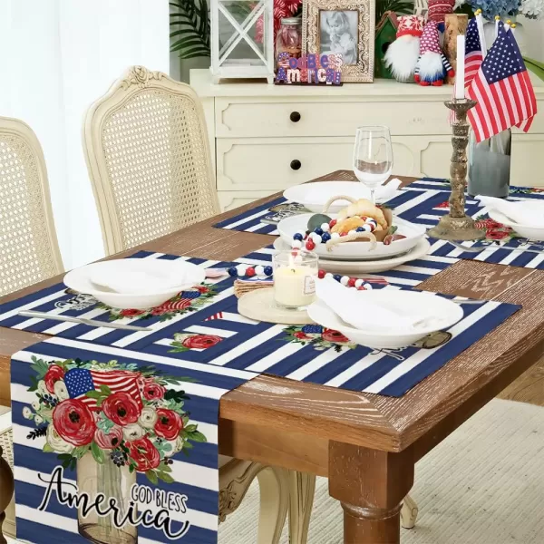 ARKENY 4th of July Decorations Blue Stripes Floral Placemats 12x18 Inches Memorial Day Patriotic Glod Bless America Sign Place mats Independence Day Decor AP27918Muti Placemats 12X18