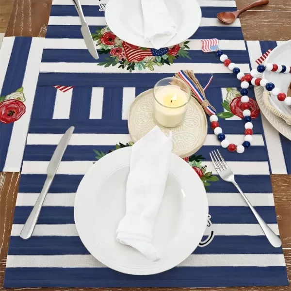 ARKENY 4th of July Decorations Blue Stripes Floral Placemats 12x18 Inches Memorial Day Patriotic Glod Bless America Sign Place mats Independence Day Decor AP27918Muti Placemats 12X18