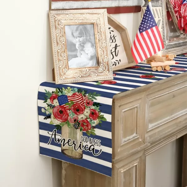 ARKENY 4th of July Decorations Blue Stripes Floral Placemats 12x18 Inches Memorial Day Patriotic Glod Bless America Sign Place mats Independence Day Decor AP27918Blue 13X72