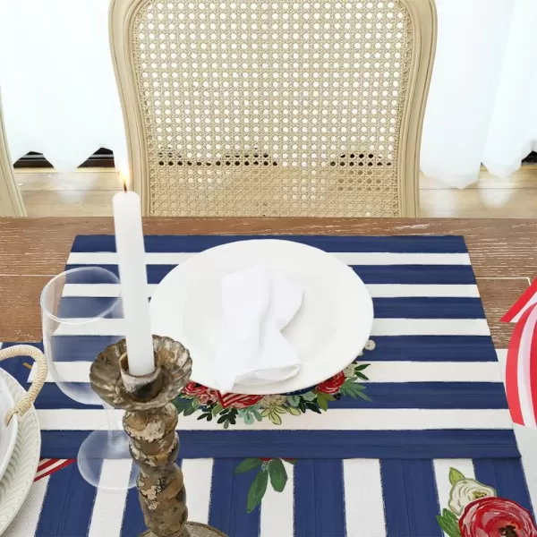 ARKENY 4th of July Decorations Blue Stripes Floral Placemats 12x18 Inches Memorial Day Patriotic Glod Bless America Sign Place mats Independence Day Decor AP27918Muti Placemats 12X18