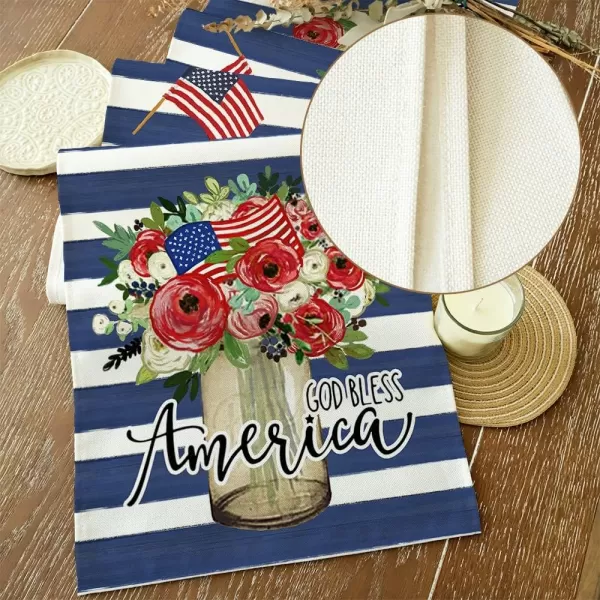 ARKENY 4th of July Decorations Blue Stripes Floral Placemats 12x18 Inches Memorial Day Patriotic Glod Bless America Sign Place mats Independence Day Decor AP27918Blue 13X72