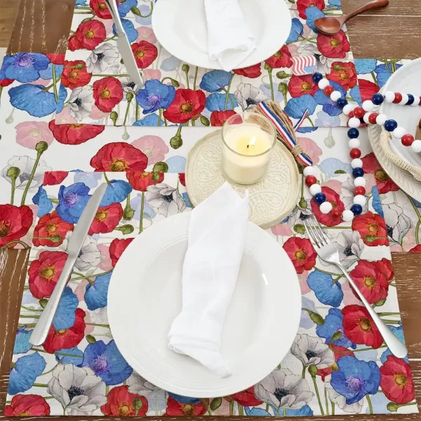 ARKENY 4th of July Decorations Red Floral Placemats 12x18 Inches Memorial Day Patriotic Blue Flower Place mats Independence Day Decor AP28018Muti Placemats 12X18