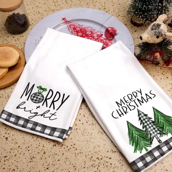 ARKENY Christmas Kitchen Towels Set of 2Black Buffalo Plaid Xmas Tree Dish Towels 18x26 InchHoilday Farmhouse Home Decoration AD096Green Bell 2