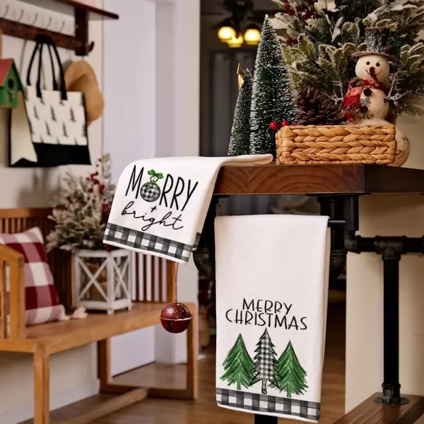 ARKENY Christmas Kitchen Towels Set of 2Black Buffalo Plaid Xmas Tree Dish Towels 18x26 InchHoilday Farmhouse Home Decoration AD096Green Bell 2
