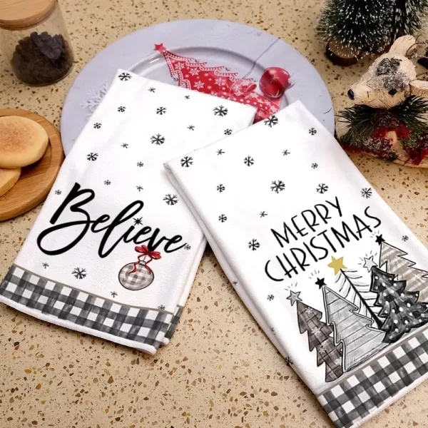 ARKENY Christmas Kitchen Towels Set of 2Black Buffalo Plaid Xmas Tree Dish Towels 18x26 InchHoilday Farmhouse Home Decoration AD096Grey