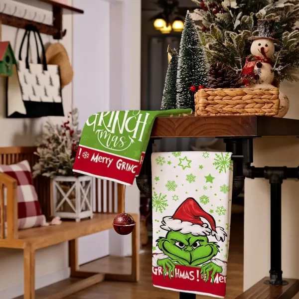 ARKENY Christmas Kitchen Towels Set of 2Green Merry Grinchmas Snowflake Dish Towels 18x26 InchHoilday Farmhouse Home Decoration AD110Red