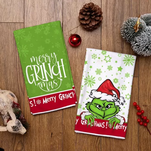 ARKENY Christmas Kitchen Towels Set of 2Green Merry Grinchmas Snowflake Dish Towels 18x26 InchHoilday Farmhouse Home Decoration AD110Red