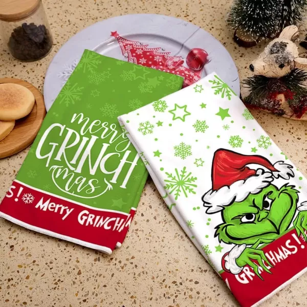 ARKENY Christmas Kitchen Towels Set of 2Green Merry Grinchmas Snowflake Dish Towels 18x26 InchHoilday Farmhouse Home Decoration AD110Red