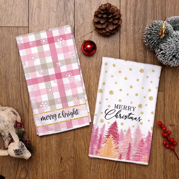 ARKENY Christmas Kitchen Towels Set of 2Pink Buffalo Plaid Xmas Tree Dish Towels 18x26 InchHoilday Farmhouse Home Decoration AD104Pink