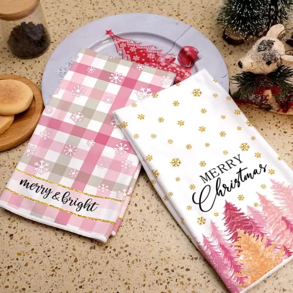 ARKENY Christmas Kitchen Towels Set of 2Pink Buffalo Plaid Xmas Tree Dish Towels 18x26 InchHoilday Farmhouse Home Decoration AD104Pink