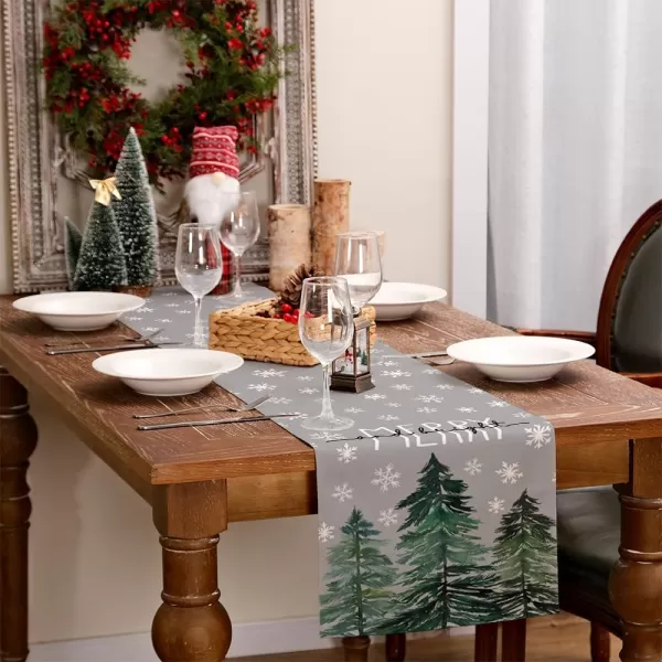 ARKENY Christmas Table Runner 13x72 InchesMerry Bright Snowflake Tree Winter Seasonal Burlap Grey Farmhouse Indoor Kitchen Dining Table Holiday Decoration for Home Party AT47272Grey Table Runner  13X72