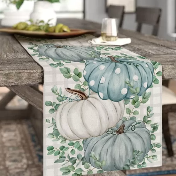 ARKENY Fall Thanksgiving Placemats 12x18 Inches Set of 4Blue Pumpkin Polk DotsSeasonal Burlap Stripe Farmhouse Indoor Kitchen Dining Table Autumn Decoration for Home Party AP18218Blue Table runner 13X120