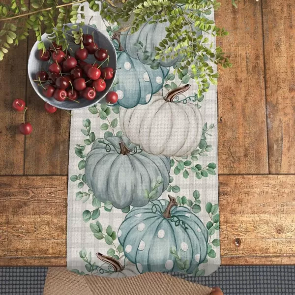 ARKENY Fall Thanksgiving Placemats 12x18 Inches Set of 4Blue Pumpkin Polk DotsSeasonal Burlap Stripe Farmhouse Indoor Kitchen Dining Table Autumn Decoration for Home Party AP18218Blue Table runner 13X90