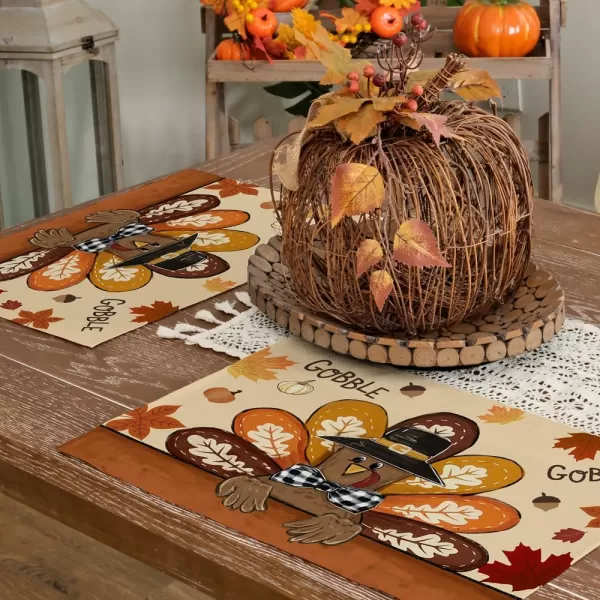 ARKENY Fall Thanksgiving Table Runner 13x72 InchesGive Thanks Gobble Turkey Seasonal Burlap Farmhouse Indoor Outdoor Autumn Table Runner for Home AT49772Multicolor Placemats Set of 4  12X18