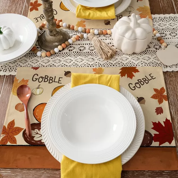 ARKENY Fall Thanksgiving Table Runner 13x72 InchesGive Thanks Gobble Turkey Seasonal Burlap Farmhouse Indoor Outdoor Autumn Table Runner for Home AT49772Multicolor Placemats Set of 4  12X18