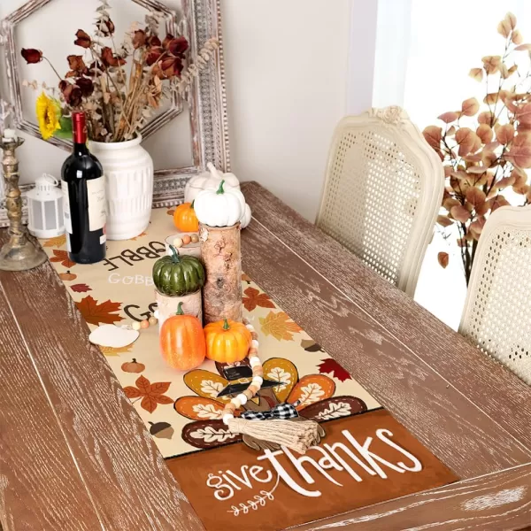 ARKENY Fall Thanksgiving Table Runner 13x72 InchesGive Thanks Gobble Turkey Seasonal Burlap Farmhouse Indoor Outdoor Autumn Table Runner for Home AT49772Multi Color Table Runner  13X48