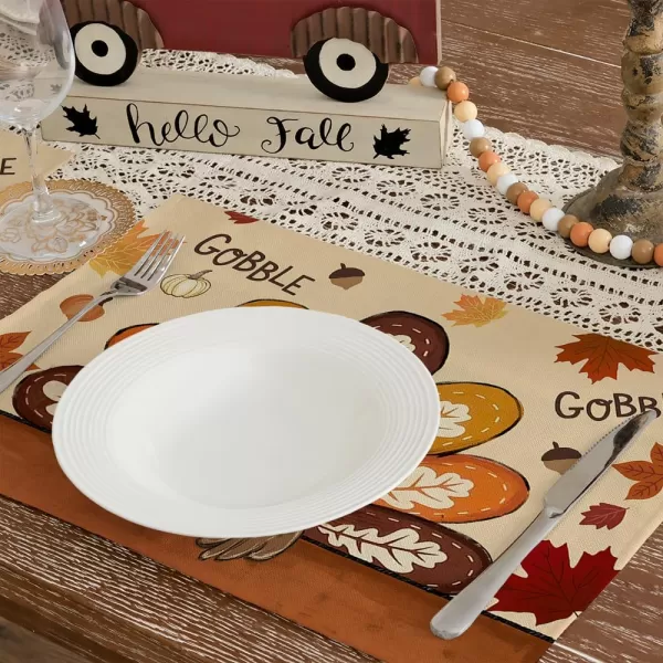 ARKENY Fall Thanksgiving Table Runner 13x72 InchesGive Thanks Gobble Turkey Seasonal Burlap Farmhouse Indoor Outdoor Autumn Table Runner for Home AT49772Multicolor Placemats Set of 4  12X18