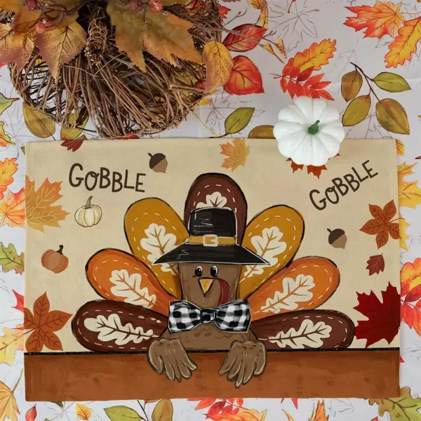 ARKENY Fall Thanksgiving Table Runner 13x72 InchesGive Thanks Gobble Turkey Seasonal Burlap Farmhouse Indoor Outdoor Autumn Table Runner for Home AT49772Multicolor Placemats Set of 4  12X18