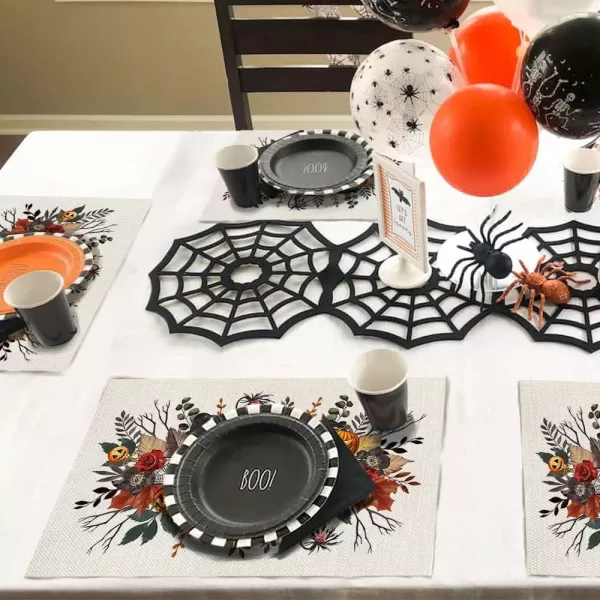 ARKENY Halloween Pumpkin Flower Spider Web Bat Placemats 12x18 Inches Set of 4Seasonal Farmhouse Indoor Kitchen Dining Table Decorations for Home Party AP16418Multicolor Placemats Set of 4  12X18