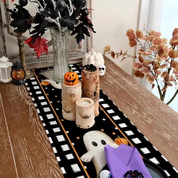 ARKENY Halloween Table Runner 13x36 Inches Pumpkin Spooky Ghost Seasonal Burlap Polka Dots Farmhouse Indoor Kitchen Dining Table Decorations for Home Party AT45436Black Table Runner  13X36