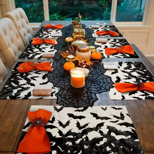 ARKENY Halloween Table Runner 13x72 Inches Black Bat Seasonal Farmhouse Indoor Kitchen Dining Table Decorations for Home Party AT02572Offwhite Placemats Set of 4  12X18