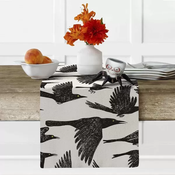 ARKENY Halloween Table Runner 13x72 Inches Black Crow Silhouette Seasonal Burlap Farmhouse Indoor Kitchen Dining Table Decorations for Home Party AT01172Offwhite Table Runner  13X72