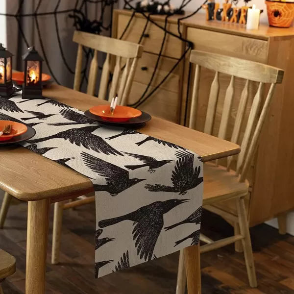 ARKENY Halloween Table Runner 13x72 Inches Black Crow Silhouette Seasonal Burlap Farmhouse Indoor Kitchen Dining Table Decorations for Home Party AT01172Offwhite Table Runner  13X72