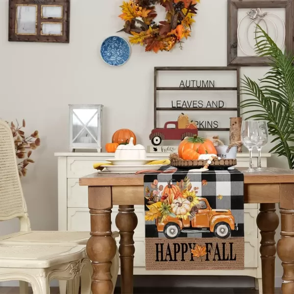 ARKENY Happy Fall Thanksgiving Table Runner 13x72 InchesPumpkins LeavesSeasonal Burlap Farmhouse Blue Truck Indoor Outdoor Autumn Table Runner for Home Orange PlaidFall Buffalo Plaid Table Runner  13X72