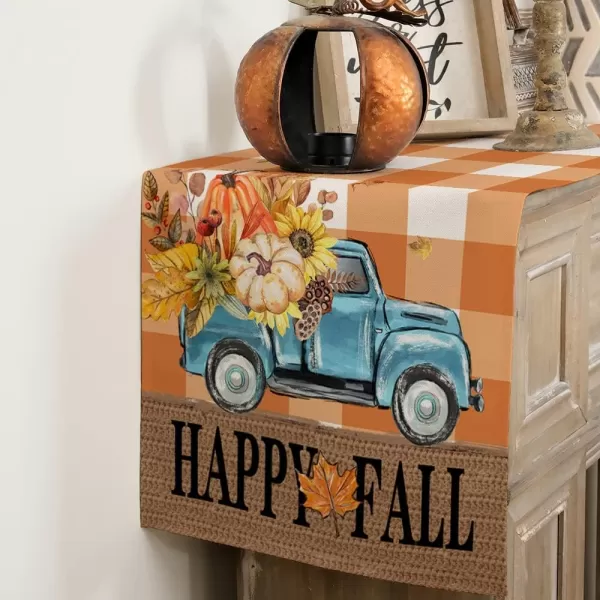 ARKENY Happy Fall Thanksgiving Table Runner 13x72 InchesPumpkins LeavesSeasonal Burlap Farmhouse Blue Truck Indoor Outdoor Autumn Table Runner for Home Orange PlaidOrange Table Runner  13X72