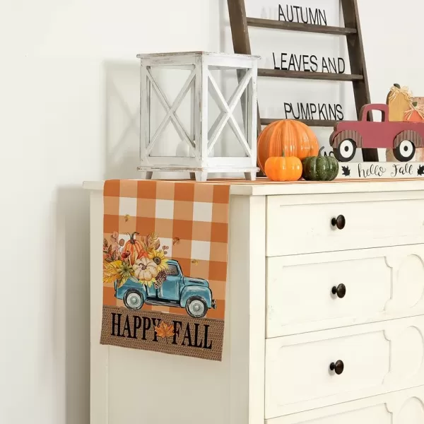 ARKENY Happy Fall Thanksgiving Table Runner 13x72 InchesPumpkins LeavesSeasonal Burlap Farmhouse Blue Truck Indoor Outdoor Autumn Table Runner for Home Orange PlaidOrange Table Runner  13X72