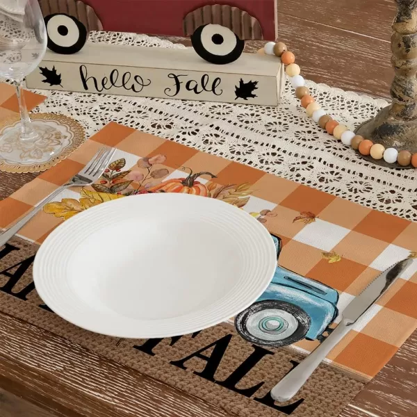 ARKENY Happy Fall Thanksgiving Table Runner 13x72 InchesPumpkins LeavesSeasonal Burlap Farmhouse Blue Truck Indoor Outdoor Autumn Table Runner for Home Orange PlaidOrange Placemats Set of 4  12X18