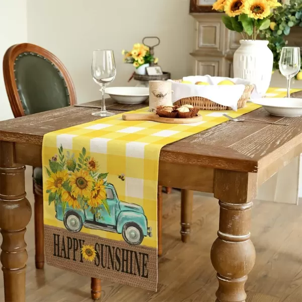 ARKENY Happy Fall Thanksgiving Table Runner 13x72 InchesPumpkins LeavesSeasonal Burlap Farmhouse Blue Truck Indoor Outdoor Autumn Table Runner for Home Orange PlaidYellow Table Runner  13X72