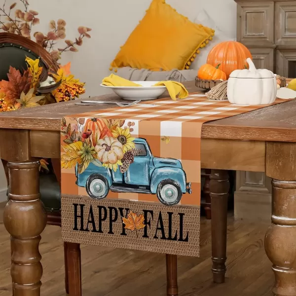 ARKENY Happy Fall Thanksgiving Table Runner 13x72 InchesPumpkins LeavesSeasonal Burlap Farmhouse Blue Truck Indoor Outdoor Autumn Table Runner for Home Orange PlaidOrange Table Runner  13X72