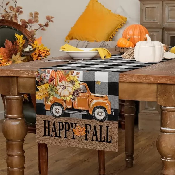 ARKENY Happy Fall Thanksgiving Table Runner 13x72 InchesPumpkins LeavesSeasonal Burlap Farmhouse Blue Truck Indoor Outdoor Autumn Table Runner for Home Orange PlaidFall Buffalo Plaid Table Runner  13X72