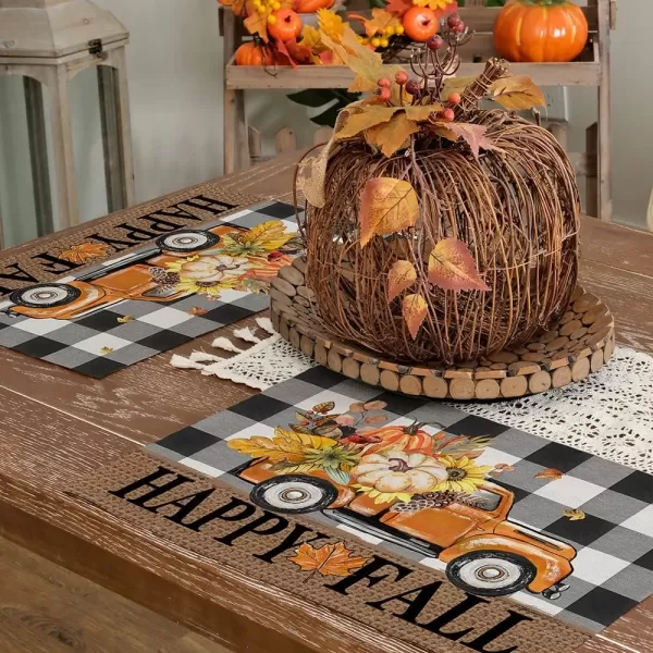 ARKENY Happy Fall Thanksgiving Table Runner 13x72 InchesPumpkins LeavesSeasonal Burlap Farmhouse Blue Truck Indoor Outdoor Autumn Table Runner for Home Orange PlaidFall Buffalo Plaid Placemats Set of 4  12X18