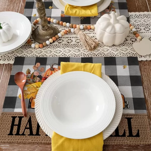 ARKENY Happy Fall Thanksgiving Table Runner 13x72 InchesPumpkins LeavesSeasonal Burlap Farmhouse Blue Truck Indoor Outdoor Autumn Table Runner for Home Orange PlaidFall Buffalo Plaid Placemats Set of 4  12X18