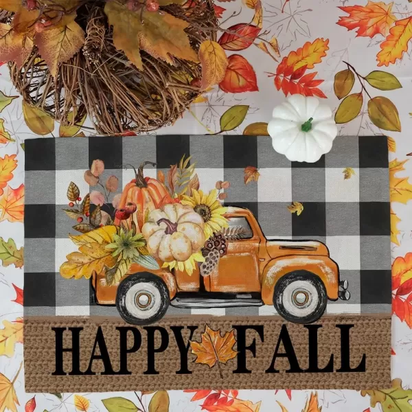 ARKENY Happy Fall Thanksgiving Table Runner 13x72 InchesPumpkins LeavesSeasonal Burlap Farmhouse Blue Truck Indoor Outdoor Autumn Table Runner for Home Orange PlaidFall Buffalo Plaid Placemats Set of 4  12X18