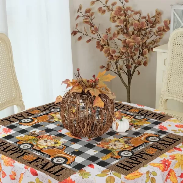 ARKENY Happy Fall Thanksgiving Table Runner 13x72 InchesPumpkins LeavesSeasonal Burlap Farmhouse Blue Truck Indoor Outdoor Autumn Table Runner for Home Orange PlaidFall Buffalo Plaid Placemats Set of 4  12X18