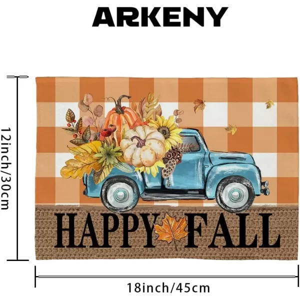 ARKENY Happy Fall Thanksgiving Table Runner 13x72 InchesPumpkins LeavesSeasonal Burlap Farmhouse Blue Truck Indoor Outdoor Autumn Table Runner for Home Orange PlaidOrange Placemats Set of 4  12X18