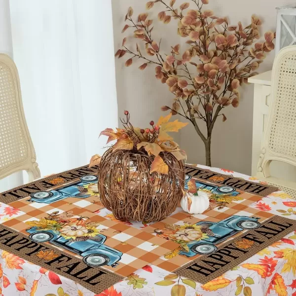 ARKENY Happy Fall Thanksgiving Table Runner 13x72 InchesPumpkins LeavesSeasonal Burlap Farmhouse Blue Truck Indoor Outdoor Autumn Table Runner for Home Orange PlaidOrange Placemats Set of 4  12X18