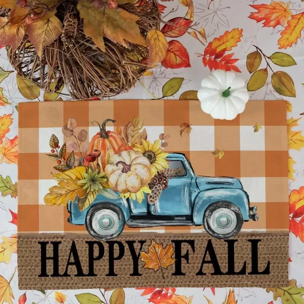 ARKENY Happy Fall Thanksgiving Table Runner 13x72 InchesPumpkins LeavesSeasonal Burlap Farmhouse Blue Truck Indoor Outdoor Autumn Table Runner for Home Orange PlaidOrange Placemats Set of 4  12X18