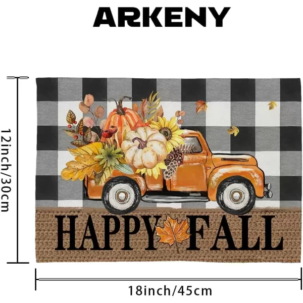 ARKENY Happy Fall Thanksgiving Table Runner 13x72 InchesPumpkins LeavesSeasonal Burlap Farmhouse Blue Truck Indoor Outdoor Autumn Table Runner for Home Orange PlaidFall Buffalo Plaid Placemats Set of 4  12X18