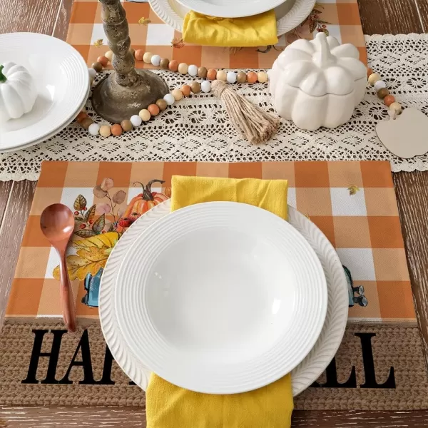 ARKENY Happy Fall Thanksgiving Table Runner 13x72 InchesPumpkins LeavesSeasonal Burlap Farmhouse Blue Truck Indoor Outdoor Autumn Table Runner for Home Orange PlaidOrange Placemats Set of 4  12X18