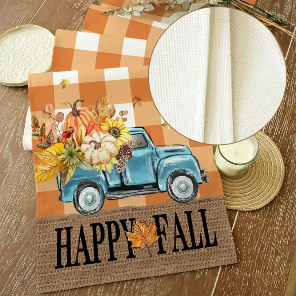 ARKENY Happy Fall Thanksgiving Table Runner 13x72 InchesPumpkins LeavesSeasonal Burlap Farmhouse Blue Truck Indoor Outdoor Autumn Table Runner for Home Orange PlaidOrange Table Runner  13X72