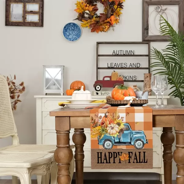 ARKENY Happy Fall Thanksgiving Table Runner 13x72 InchesPumpkins LeavesSeasonal Burlap Farmhouse Blue Truck Indoor Outdoor Autumn Table Runner for Home Orange PlaidOrange Table Runner  13X72