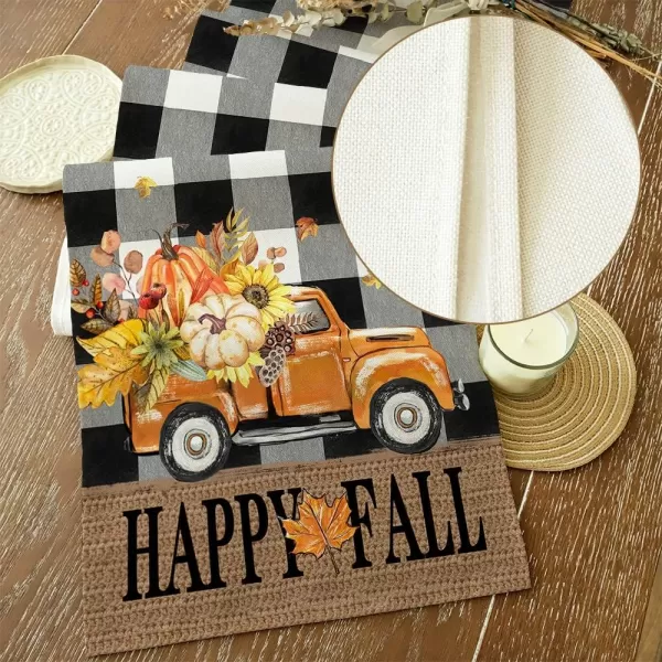 ARKENY Happy Fall Thanksgiving Table Runner 13x72 InchesPumpkins LeavesSeasonal Burlap Farmhouse Blue Truck Indoor Outdoor Autumn Table Runner for Home Orange PlaidFall Buffalo Plaid Table Runner  13X72