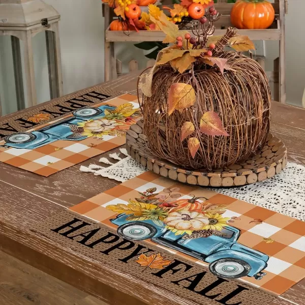 ARKENY Happy Fall Thanksgiving Table Runner 13x72 InchesPumpkins LeavesSeasonal Burlap Farmhouse Blue Truck Indoor Outdoor Autumn Table Runner for Home Orange PlaidOrange Placemats Set of 4  12X18