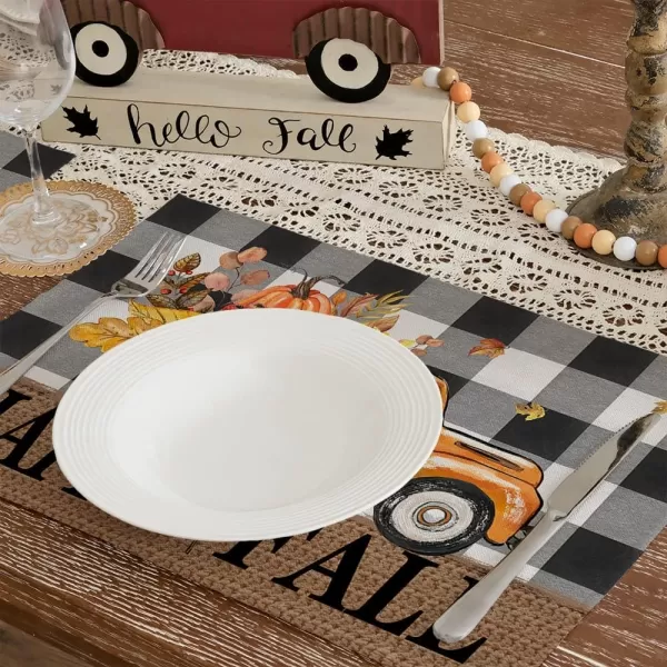 ARKENY Happy Fall Thanksgiving Table Runner 13x72 InchesPumpkins LeavesSeasonal Burlap Farmhouse Blue Truck Indoor Outdoor Autumn Table Runner for Home Orange PlaidFall Buffalo Plaid Placemats Set of 4  12X18