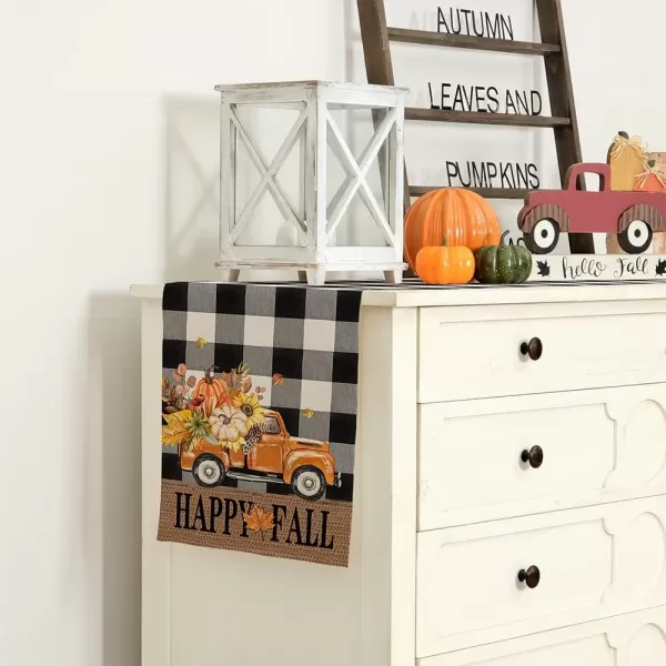 ARKENY Happy Fall Thanksgiving Table Runner 13x72 InchesPumpkins LeavesSeasonal Burlap Farmhouse Blue Truck Indoor Outdoor Autumn Table Runner for Home Orange PlaidFall Buffalo Plaid Table Runner  13X72