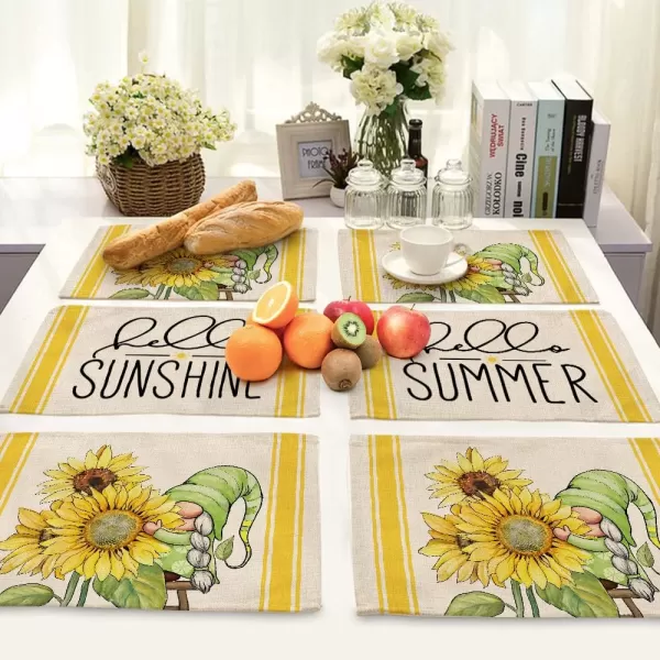 ARKENY Hello Summer Sunshine Gnomes Sunflower Placemats 12x18 Inches Set of 4Seasonal Plaid Farmhouse Indoor Kitchen Dining Table Decoration for Home PartyARKENY Hello Summer Sunshine Gnomes Sunflower Placemats 12x18 Inches Set of 4Seasonal Plaid Farmhouse Indoor Kitchen Dining Table Decoration for Home Party